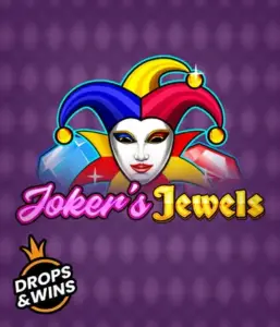 Discover the vibrant world of the Joker's Jewels game by Pragmatic Play, highlighting a mesmerizing joker's mask embellished with a vivid jester hat. This image conveys the light-hearted fun of classic slots, set against a purple background. Perfect for casino game enthusiasts, delivering a entertaining adventure. 